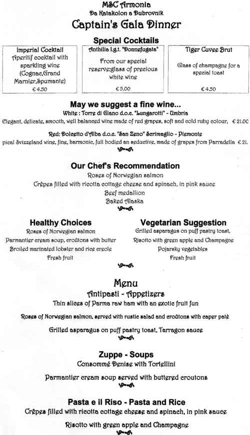 MSC Armonia menu from Katakolon to Dubrovnik 13 Aug 2004
