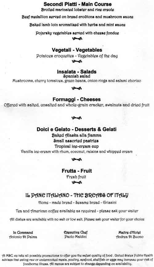 MSC Armonia menu from Katakolon to Dubrovnik 13 Aug 2004