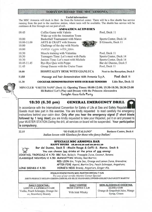MSC Armonia Daily Programme