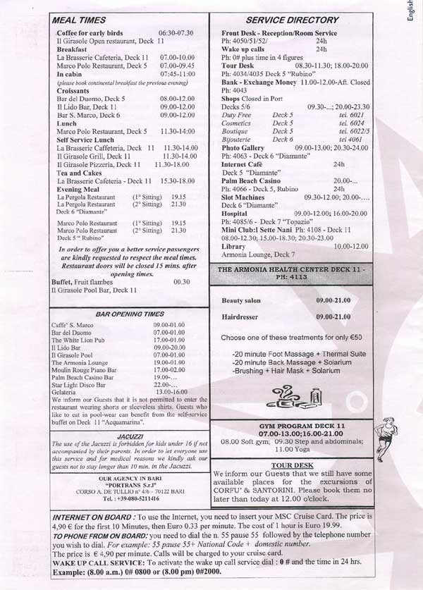 MSC Armonia Daily Programme