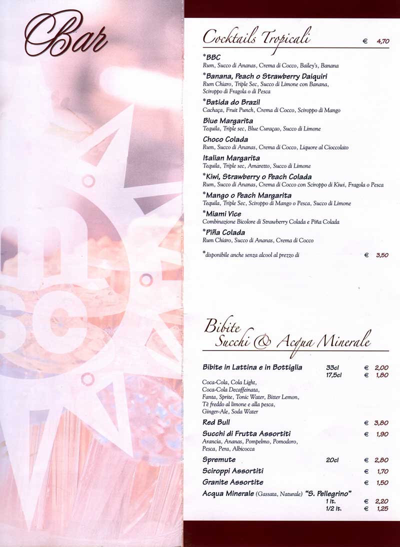MSC Armonia Bar Menu/Tariff