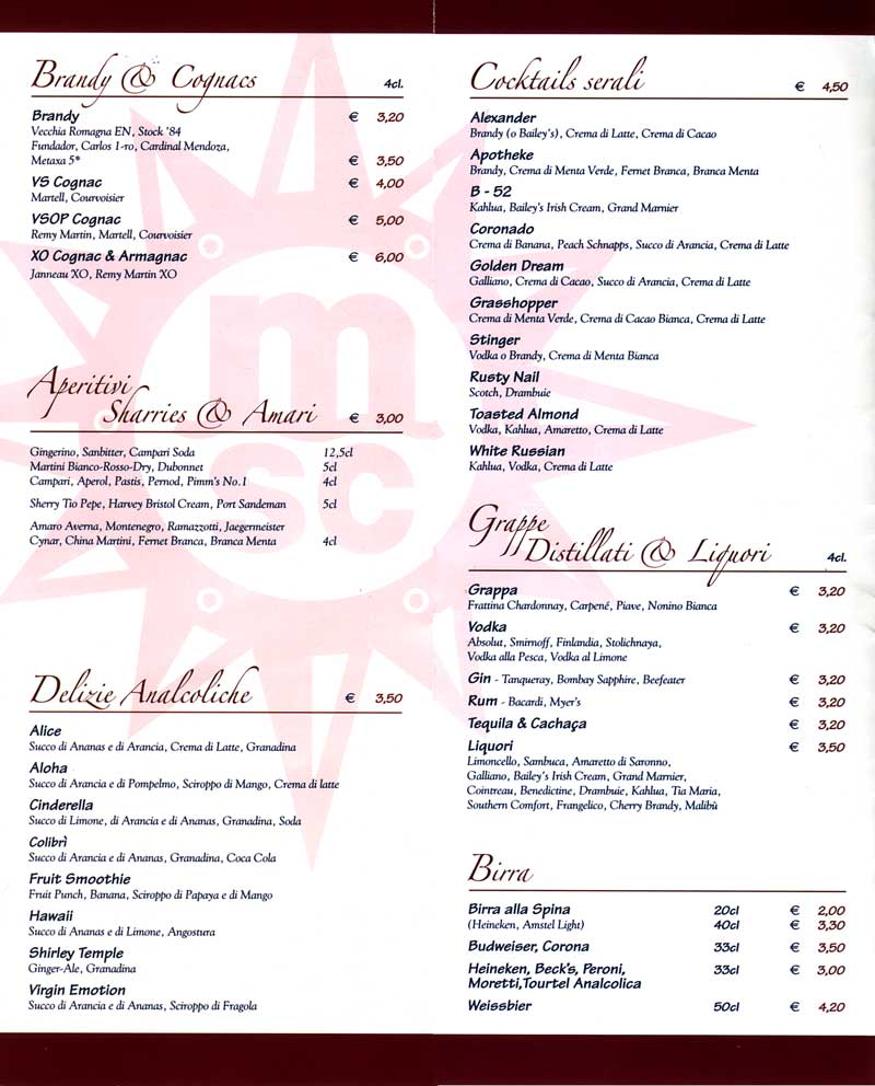 MSC Armonia Bar Menu/Tariff