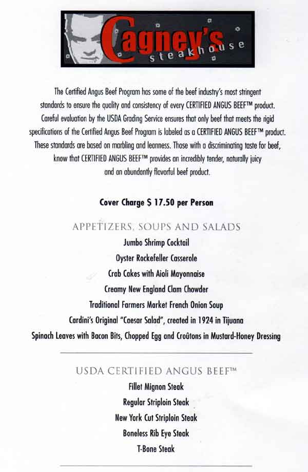 Norwegian Dawn Cagney's Restaurant Menu