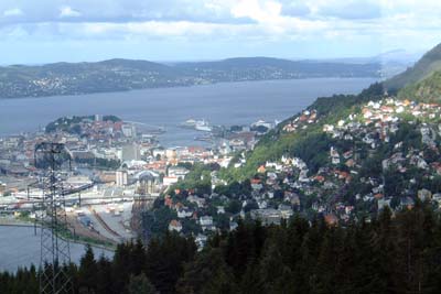 Bergen - From the top of Mt Ulriken [you can just make out the red funnel of Braemar on the right]
