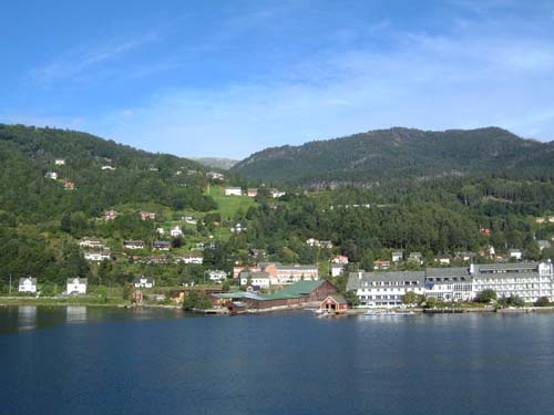 Ulvik - The seaplane hangar and tender dock is the little red hut in the centre; hotel to the right